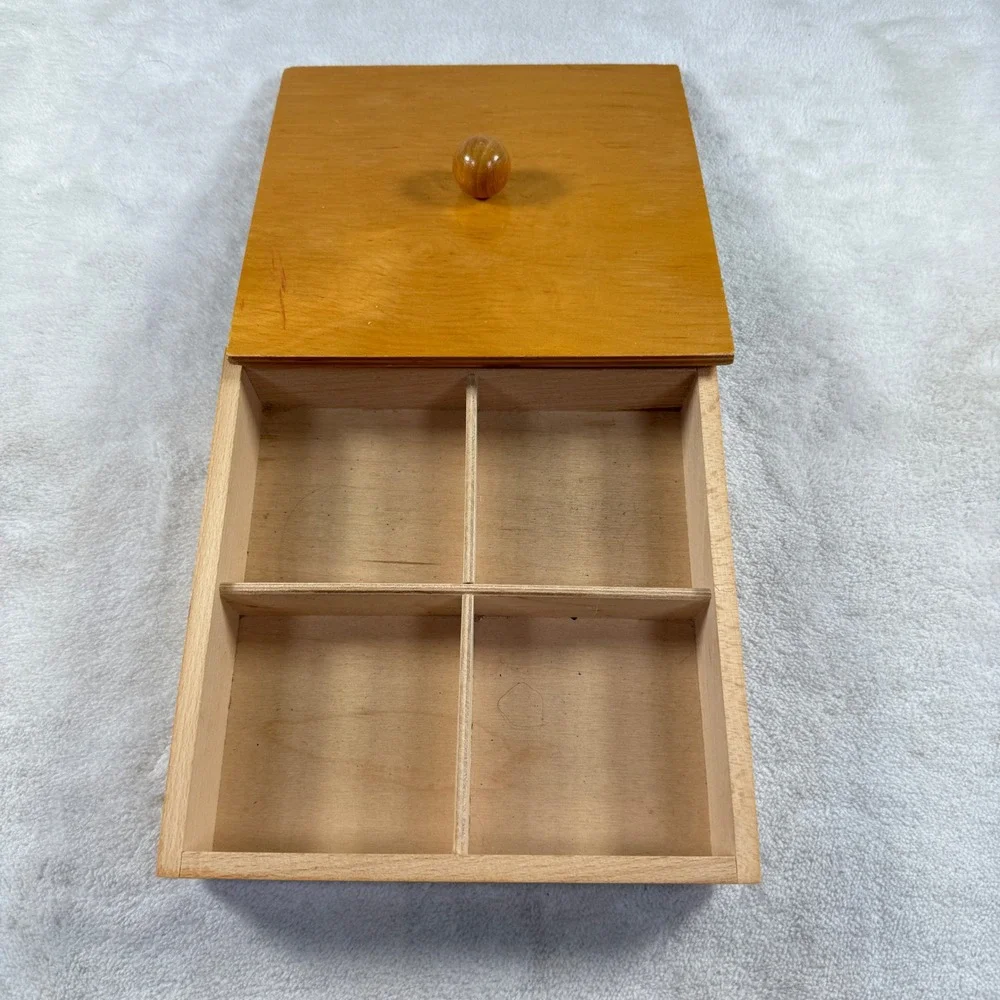 Vintage Wooden 4 Compartment Organizer Box with Lid Square Natural Wood Storage